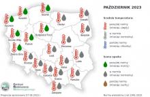 Rys. 4. Prognoza średniej miesięcznej temperatury powietrza i miesięcznej sumy opadów atmosferycznych na październik 2023 r. dla wybranych miast w Polsce
