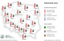 Rys. 3. Prognoza średniej miesięcznej temperatury powietrza i miesięcznej sumy opadów atmosferycznych na wrzesień 2023 r. dla wybranych miast w Polsce