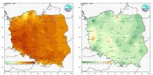 Przestrzenny rozkład wartości kwantyla 95% maksymalnej temperatury powietrza (po lewej) i kwantyla 5% minimalnej temperatury powietrza (po prawej) w czerwcu 2023 r.