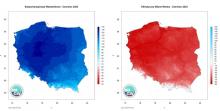 Przestrzenny rozkład sumy parowania potencjalnego (lewy panel) oraz klimatycznego bilansu wodnego (prawy panel) w czerwcu 2023 r.