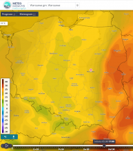 Prognozowany rozkład temperatury powietrza w sobotę 05.08.2023 r. o g. 17:00 wg modelu GFS. | https://meteo.imgw.pl/