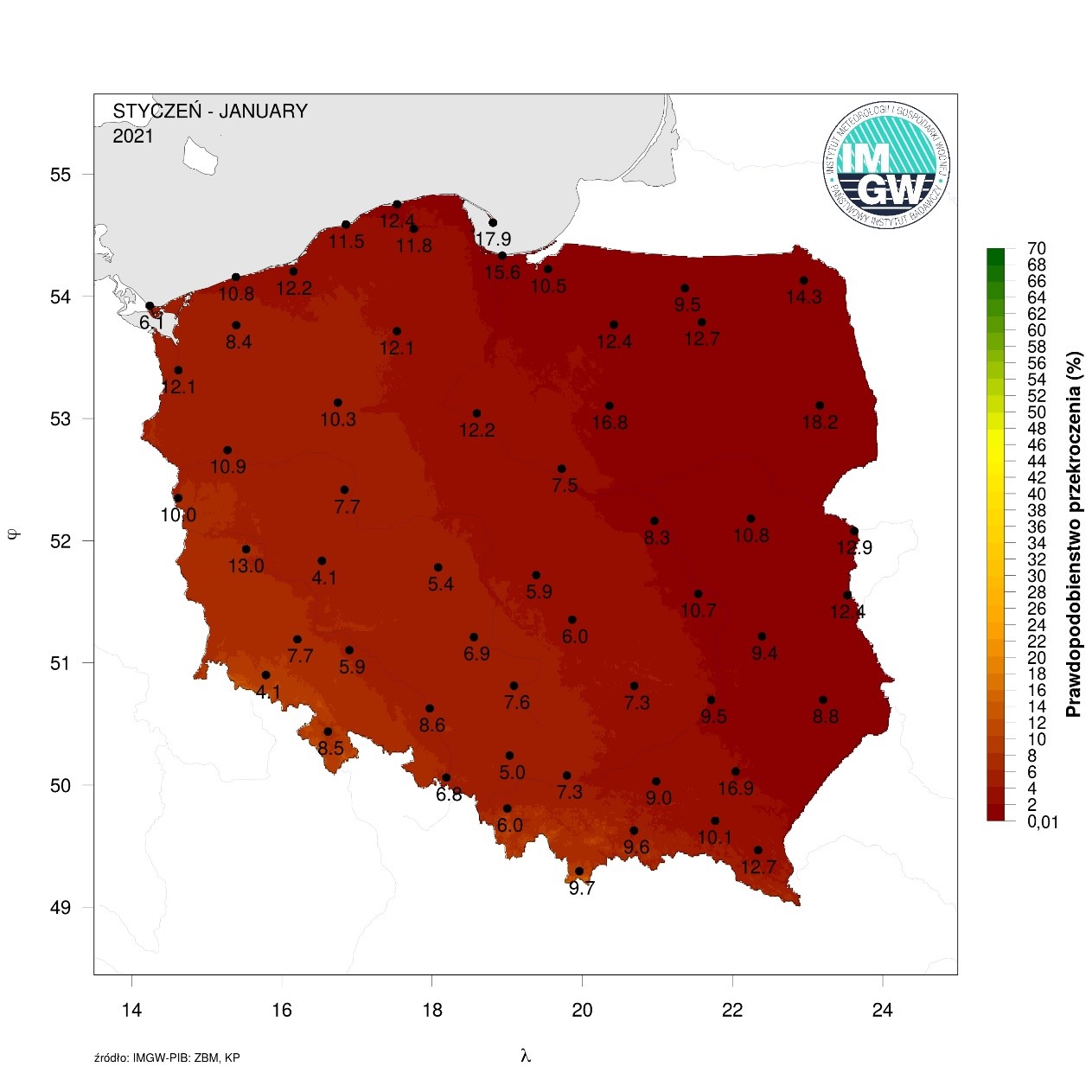 Warunki opadowe w Polsce w styczniu 2021 r.