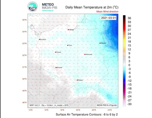 IMGW-PIB CMM: Prognoza temperatury dla Polski do 8 marca 2021 r.