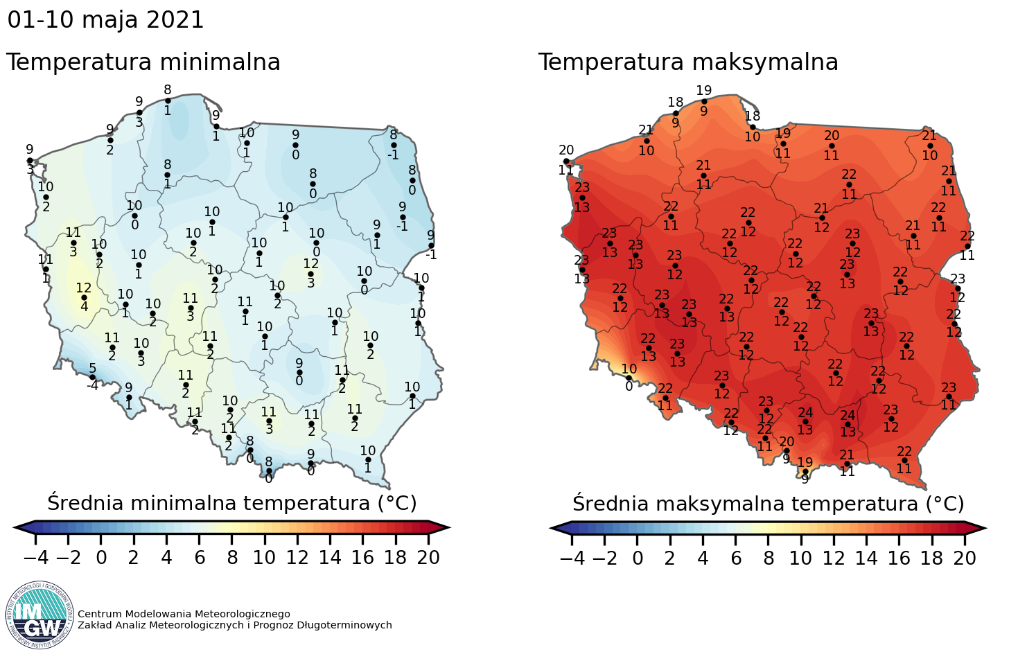 Model IMGW-TWS: Prognoza temperatury na pierwszą dekadę maja (1-10.05.2021 r.)