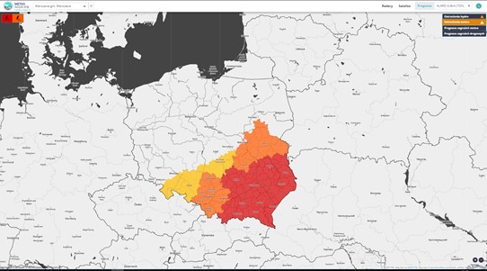 Uwaga!  Znaczne ryzyko związane z burzami na południowym wschodzie kraju. Dla województw: małopolskiego, świętokrzyskiego, lubelskiego i podkarpackiego zostały wydane ostrzeżenia najwyższego, trzeciego stopnia.