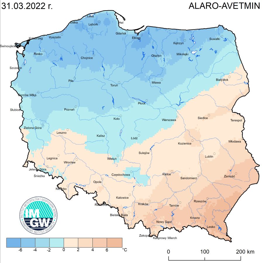 ZAGROŻENIA KLIMATYCZNE: Prognoza wartości minimalnej temperatury powietrza w dniu 31 marca 2022 roku na tle warunków wieloletnich (1991-2020)