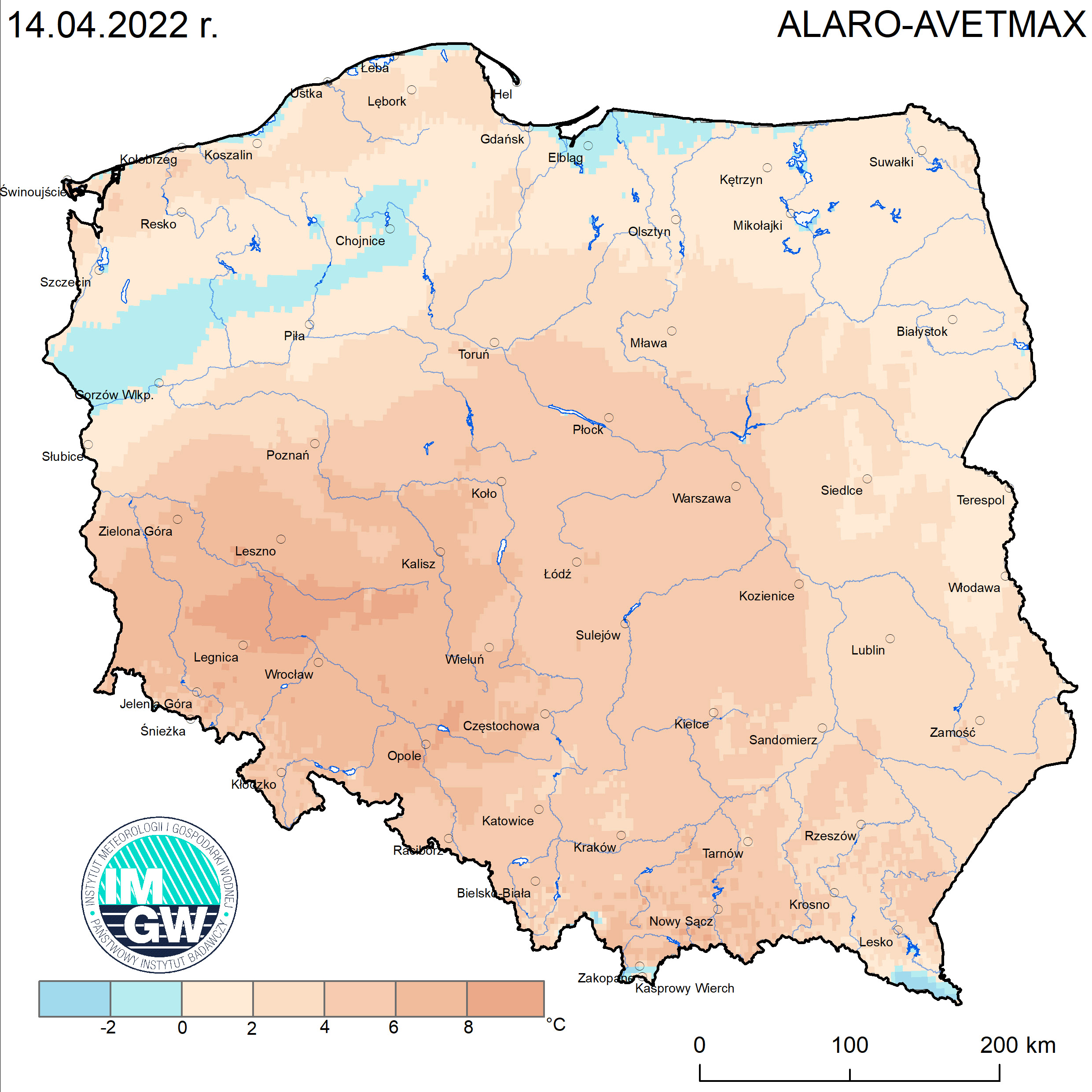 ZAGROŻENIA KLIMATYCZNE: Prognoza wartości maksymalnej temperatury powietrza w dniu 14 kwietnia 2022 roku na tle warunków wieloletnich (1991-2020)