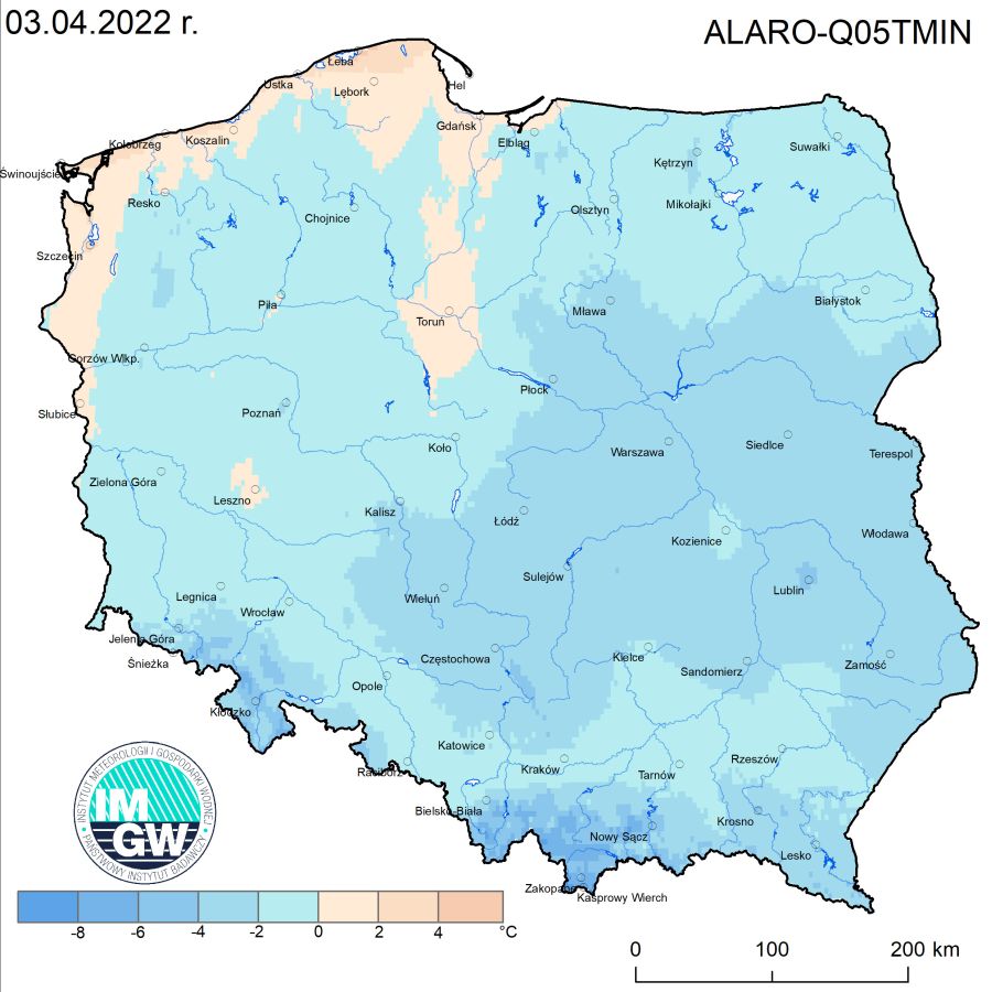 ZAGROŻENIA KLIMATYCZNE: Prognoza wartości minimalnej temperatury powietrza w dniu 3 kwietnia 2022 roku na tle warunków wieloletnich (1991-2020)