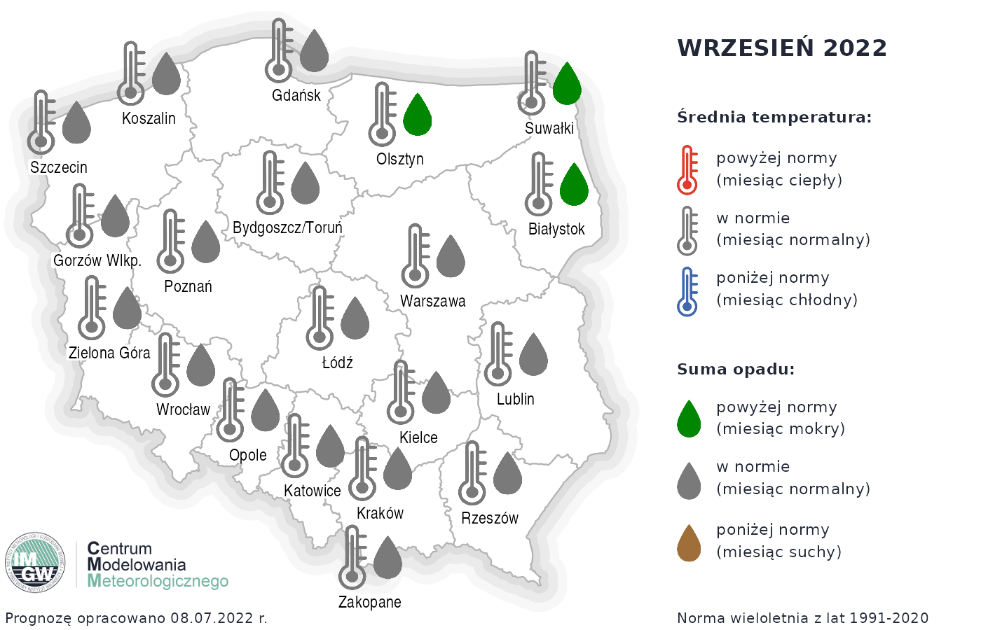 Rys.2. Prognoza średniej miesięcznej temperatury powietrza i miesięcznej sumy opadów atmosferycznych na sierpień 2024 r. dla wybranych miast w Polsce