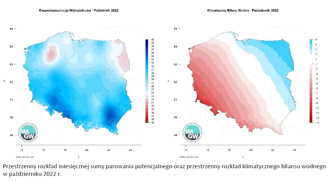 Przestrzenny rozkład miesięcznej sumy opadów w grudniu 2022 r. oraz przestrzenny rozkład anomalii sumy opadów w stosunku do normy (tj. średniej miesięcznej wartości wieloletniej elementu w okresie 1991-2020).