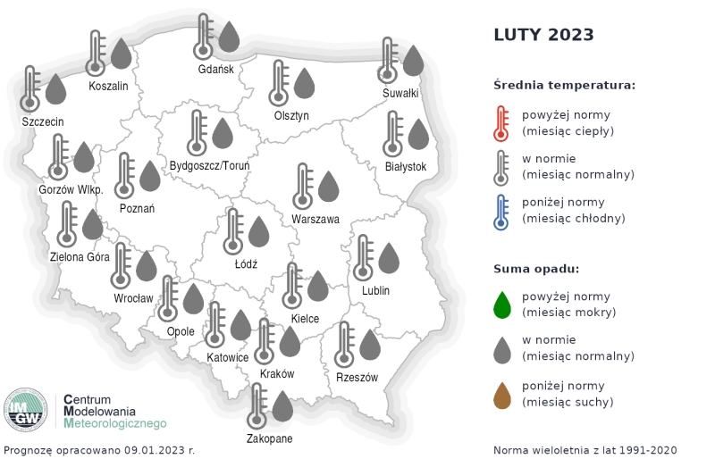 IMGW-PIB: Eksperymentalna prognoza długoterminowa temperatury i opadu na luty-maj 2023 r.