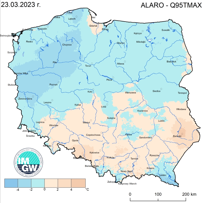 Prognoza wartości maksymalnej temperatury powietrza w dniu 23 marca 2023 roku na tle warunków wieloletnich (1991-2020)