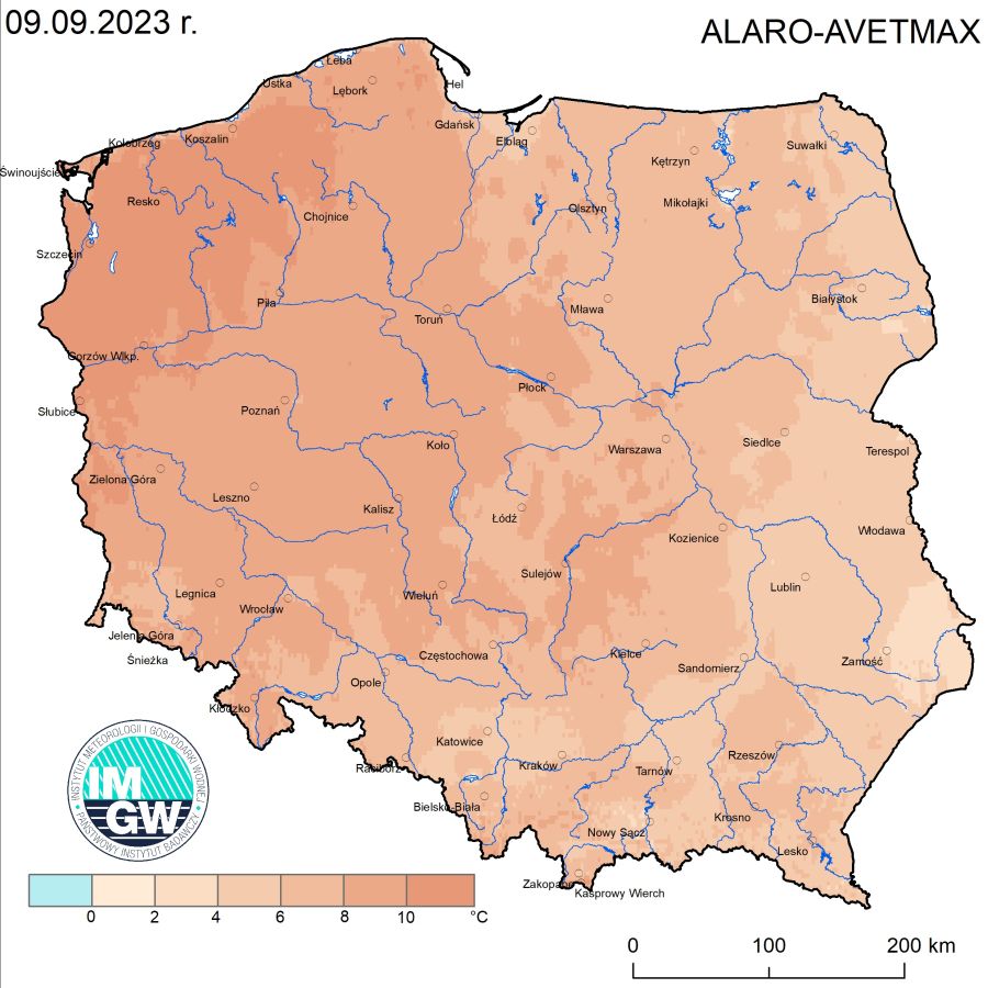 Prognoza wartości maksymalnej temperatury powietrza w dniu 9 września 2023 roku na tle warunków wieloletnich (1991-2020)