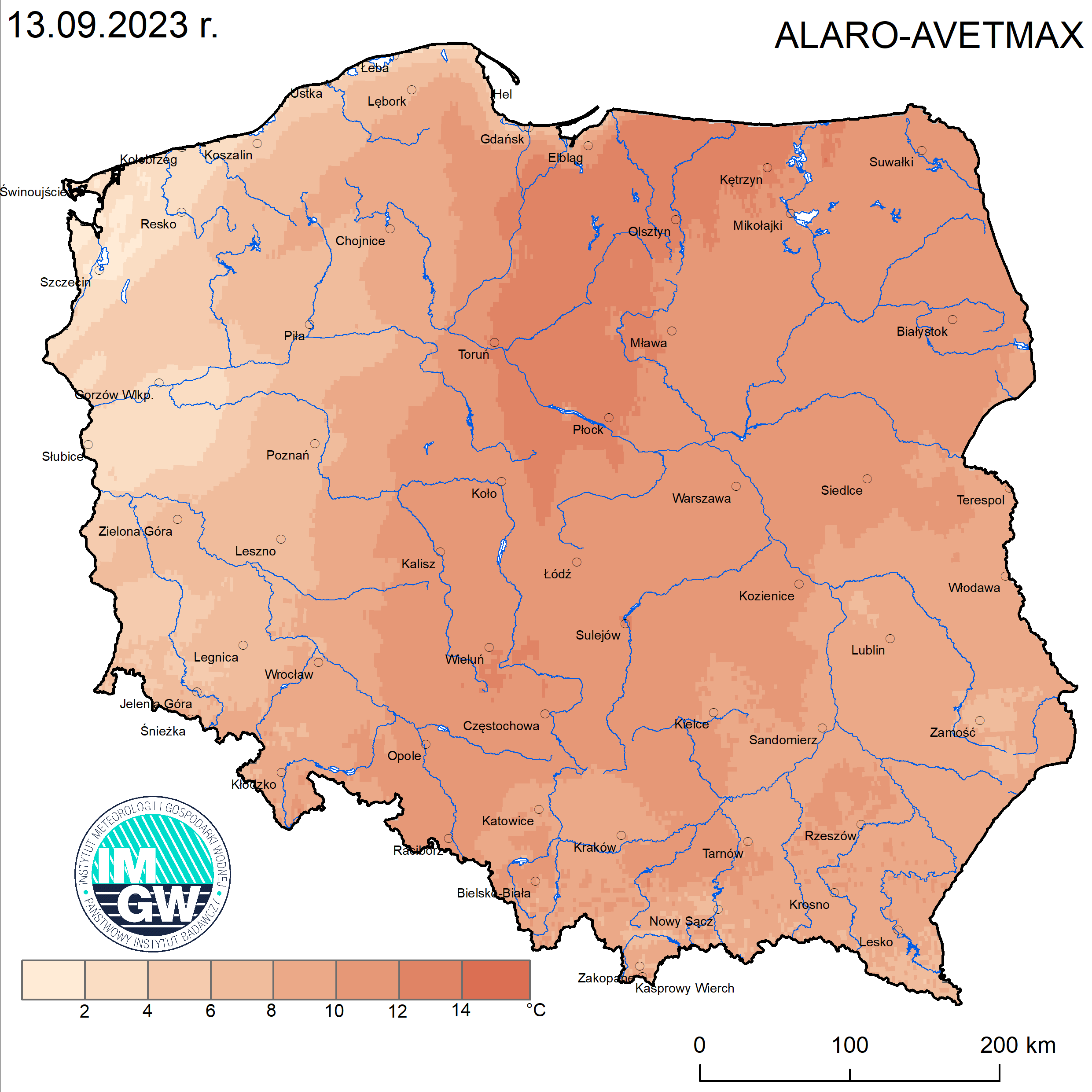 Prognoza wartości maksymalnej temperatury powietrza w dniu 13 września 2023 roku na tle warunków wieloletnich (1991-2020)