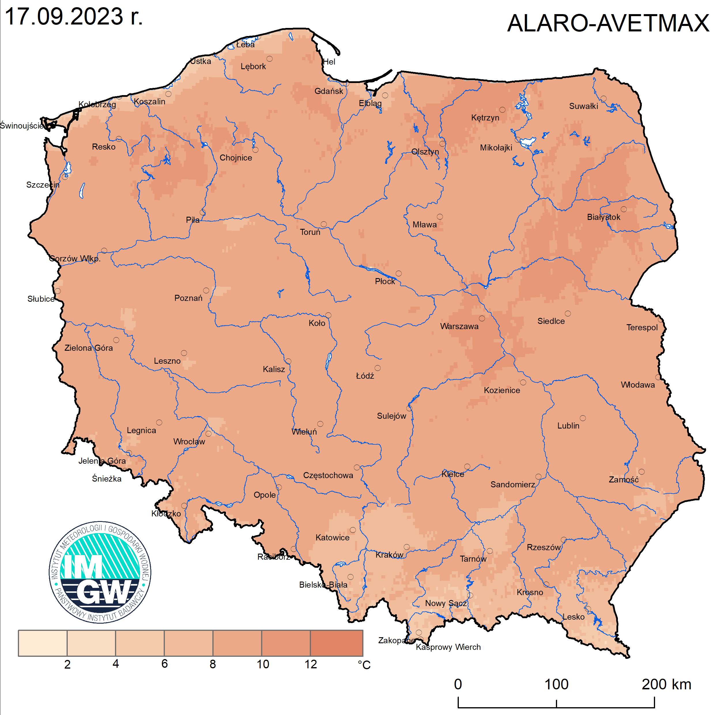 Prognoza wartości maksymalnej temperatury powietrza w dniu 17 września 2023 roku na tle warunków wieloletnich (1991-2020)