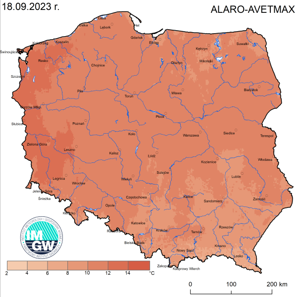 Prognoza wartości maksymalnej temperatury powietrza w dniu 18 września 2023 roku na tle warunków wieloletnich (1991-2020)