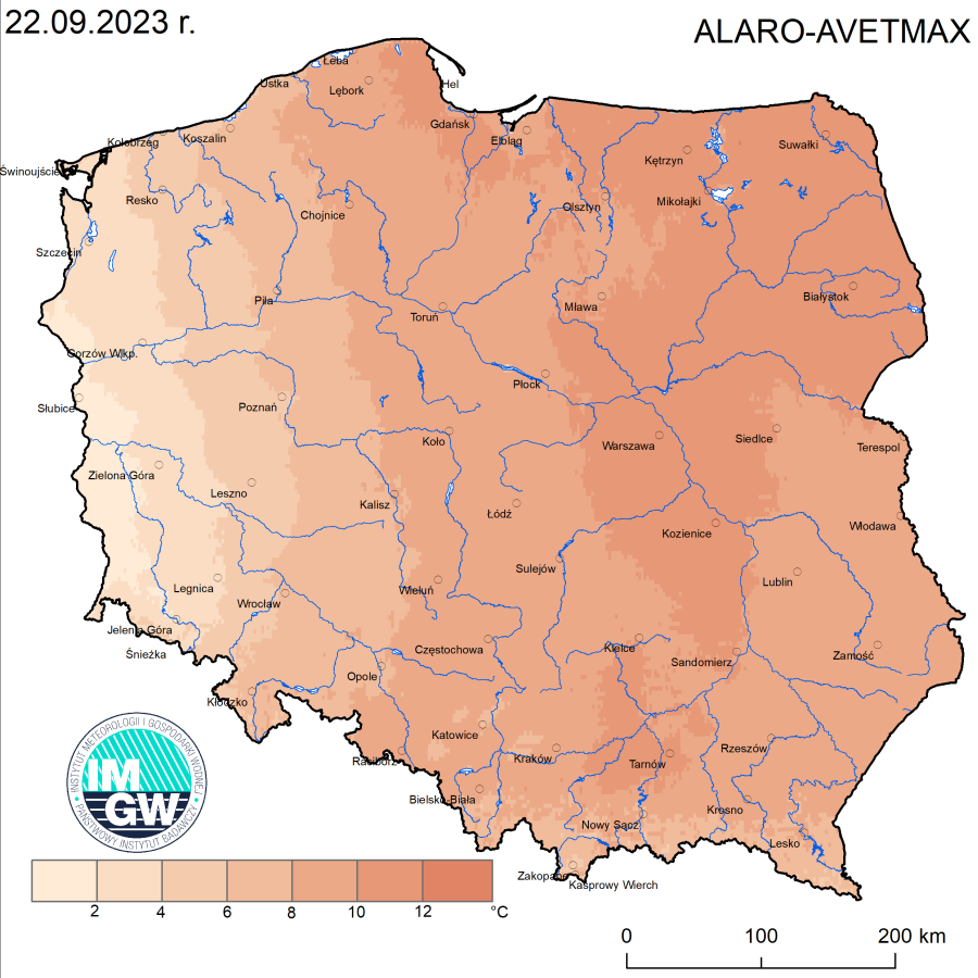 Prognoza wartości maksymalnej temperatury powietrza w dniu 22 września 2023 roku na tle warunków wieloletnich (1991-2020)
