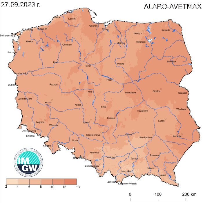 Prognoza wartości maksymalnej temperatury powietrza w dniu 27 września 2023 roku na tle warunków wieloletnich (1991-2020)