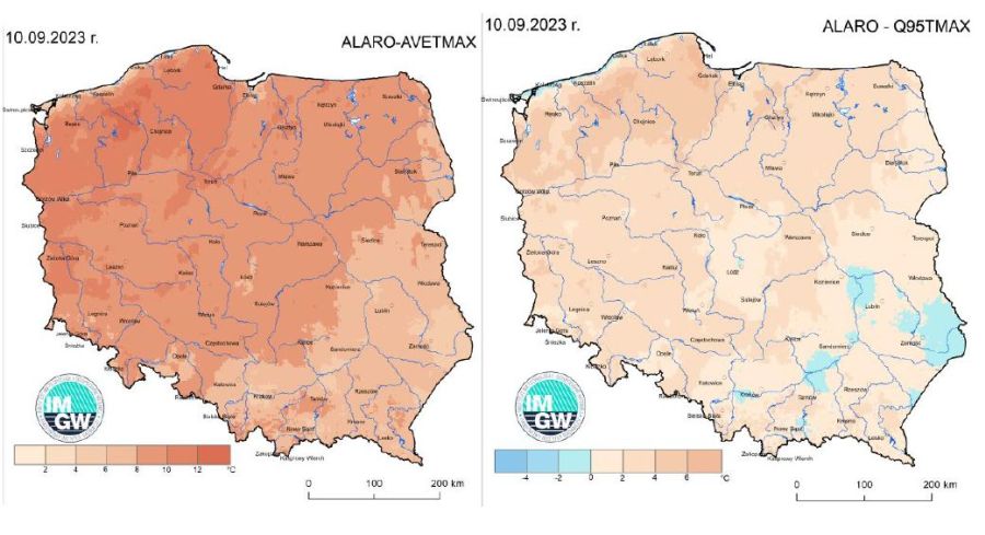 Prognoza wartości maksymalnej temperatury powietrza w dniu 10 września 2023 roku na tle warunków wieloletnich (1991-2020)