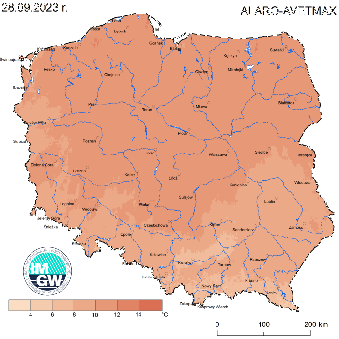 Prognoza wartości maksymalnej temperatury powietrza w dniu 28 września 2023 roku na tle warunków wieloletnich (1991-2020)