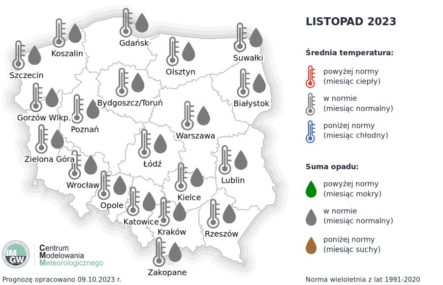IMGW-PIB: Eksperymentalna prognoza długoterminowa temperatury i opadu na listopad 2023 r. – luty 2024 r.