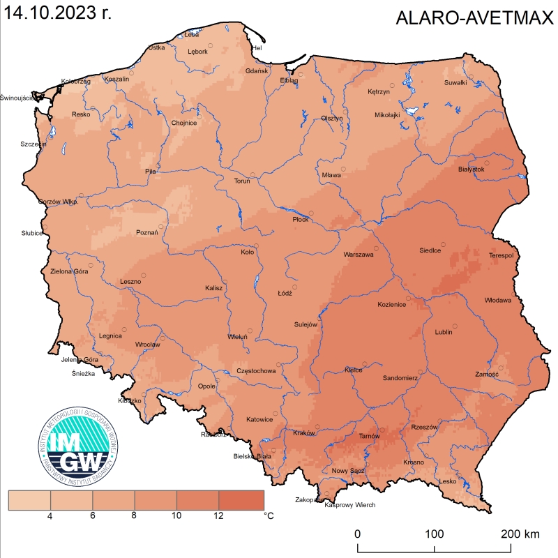 Prognoza wartości maksymalnej temperatury powietrza w dniu 14 października 2023 roku na tle warunków wieloletnich (1991-2020)