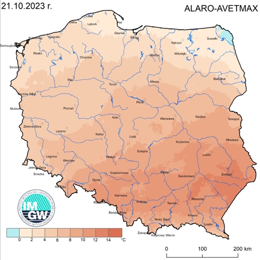 Prognoza wartości maksymalnej temperatury powietrza w dniu 21 października 2023 roku na tle warunków wieloletnich (1991-2020)