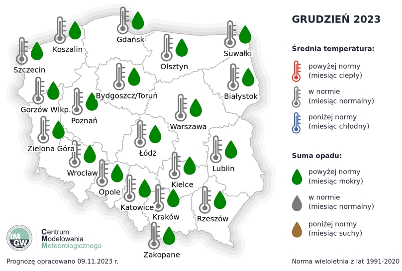 IMGW-PIB: Eksperymentalna prognoza długoterminowa temperatury i opadu na grudzień 2023 r. – marzec 2024 r.
