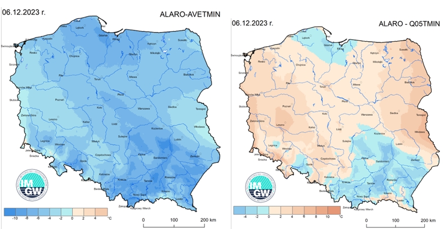 Prognoza wartości minimalnej temperatury powietrza w dniu 6 grudnia 2023 roku na tle warunków wieloletnich (1991-2020)