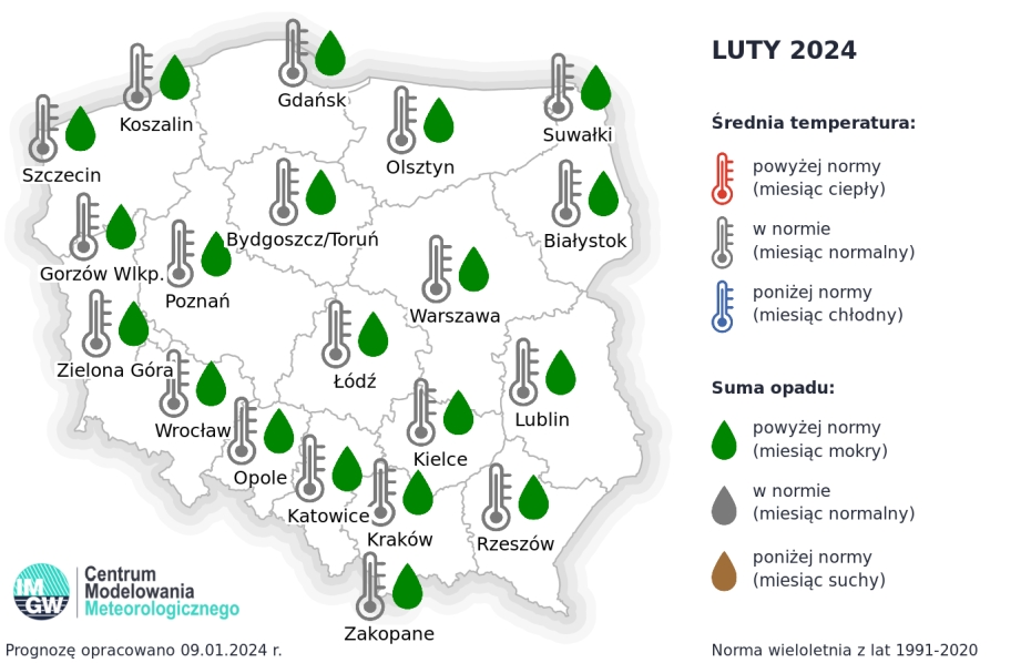 IMGW-PIB: Eksperymentalna prognoza długoterminowa temperatury i opadu na luty 2024 r. – maj 2024 r.