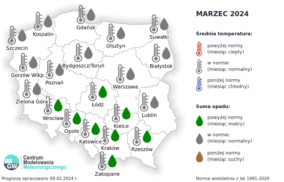 IMGW-PIB: Eksperymentalna prognoza długoterminowa temperatury i opadu na marzec 2024 r. – czerwiec 2024 r.
