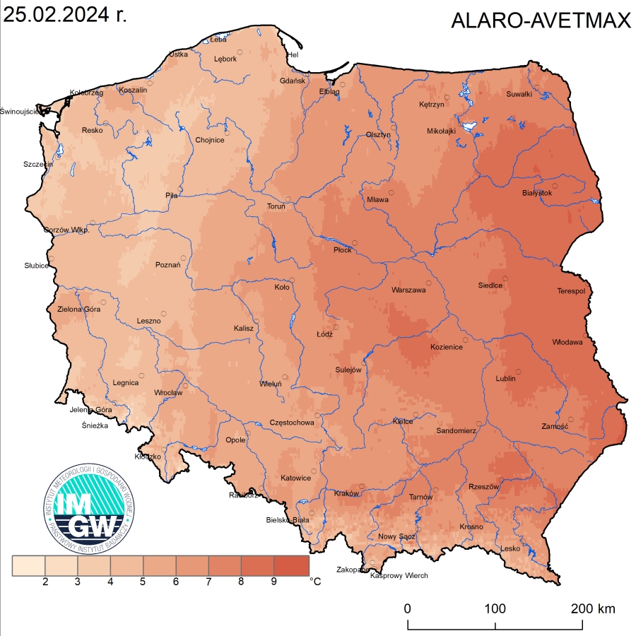 Prognoza wartości maksymalnej temperatury powietrza w dniu 25 lutego 2024 roku na tle warunków wieloletnich (1991-2020)