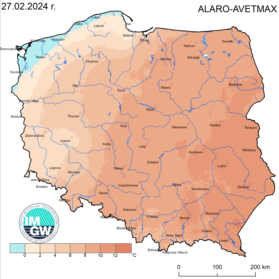 Prognoza wartości maksymalnej temperatury powietrza w dniu 27 lutego 2024 roku na tle warunków wieloletnich (1991-2020)