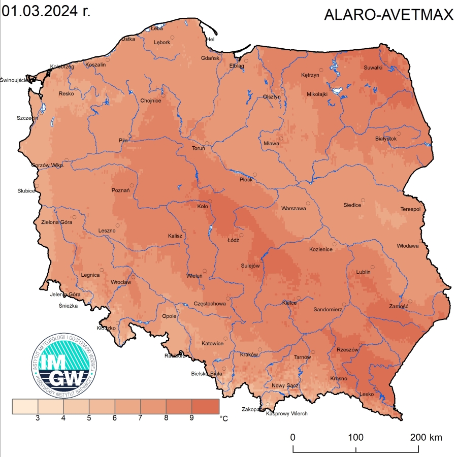 Prognoza wartości maksymalnej temperatury powietrza w dniu 1 marca 2024 roku na tle warunków wieloletnich (1991-2020)