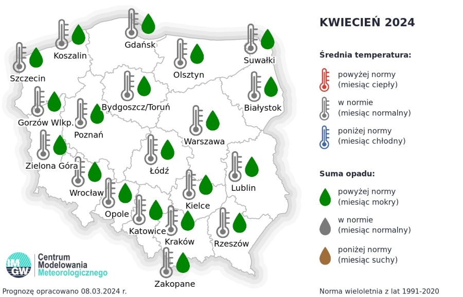 IMGW-PIB: Eksperymentalna prognoza długoterminowa temperatury i opadu na kwiecień 2024 r. – lipiec 2024 r.