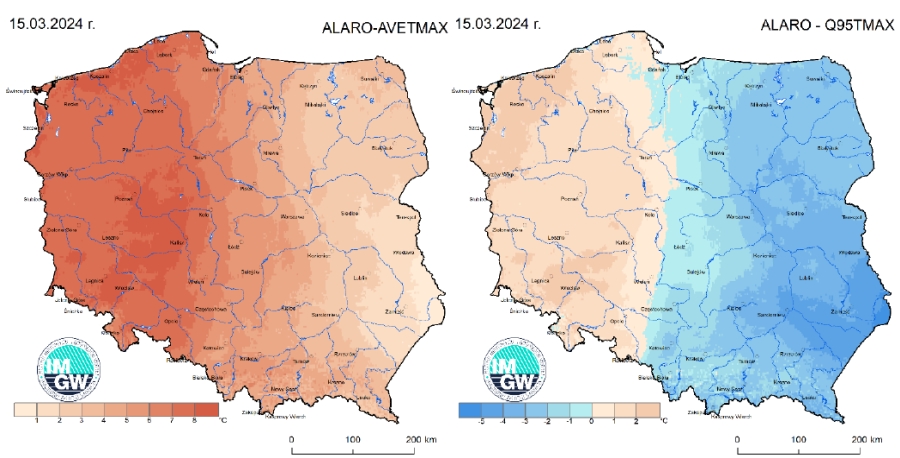 Prognoza wartości maksymalnej temperatury powietrza w dniu 15 marca 2024 roku na tle warunków wieloletnich (1991-2020)