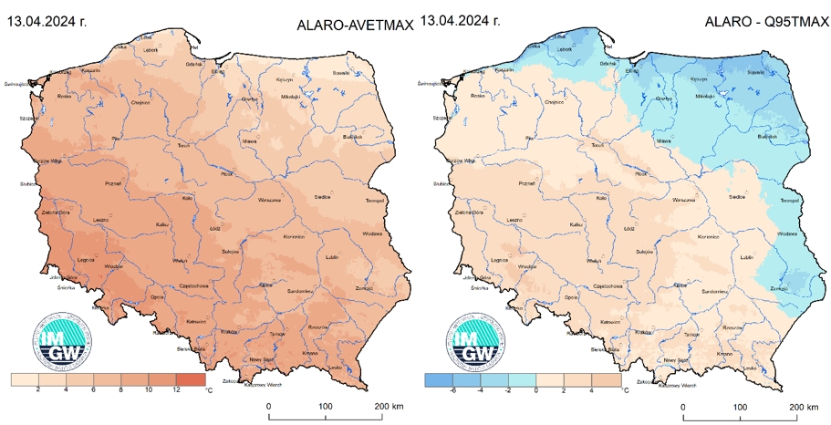 Prognoza wartości maksymalnej temperatury powietrza w dniu 13 kwietnia 2024 roku na tle warunków wieloletnich (1991-2020)
