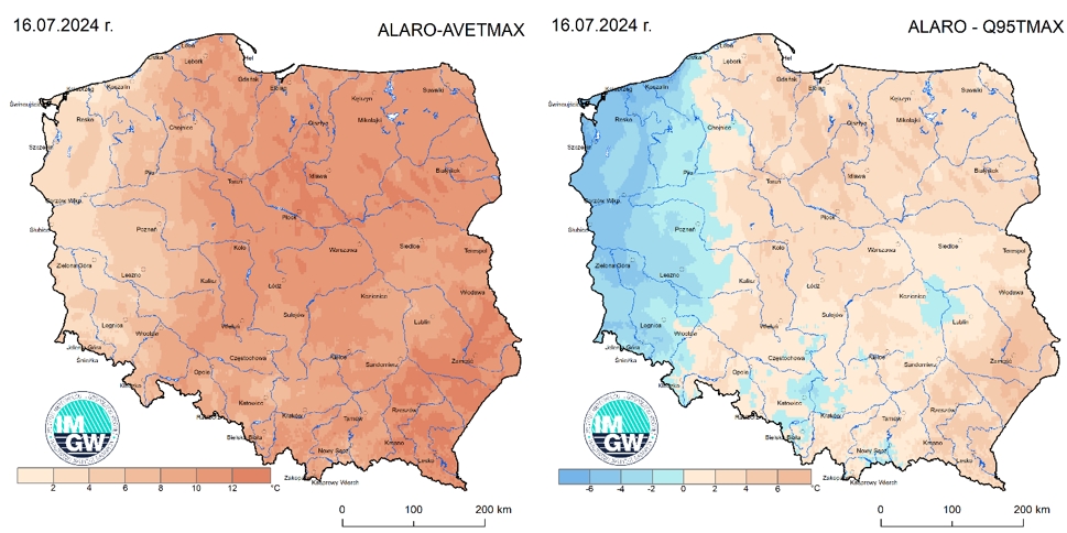Prognoza wartości maksymalnej temperatury powietrza w dniu 16 lipca 2024 roku na tle warunków wieloletnich (1991-2020)