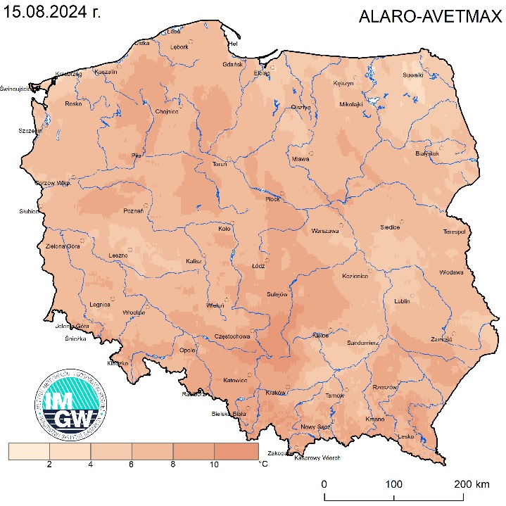 IMGW-PIB: Prognoza wartości maksymalnej temperatury powietrza w dniu 15 sierpnia 2024 roku na tle warunków wieloletnich (1991-2020)