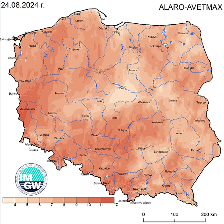 Prognoza wartości maksymalnej temperatury powietrza w dniach 24 i 25 sierpnia 2024 roku na tle warunków wieloletnich (1991-2020)