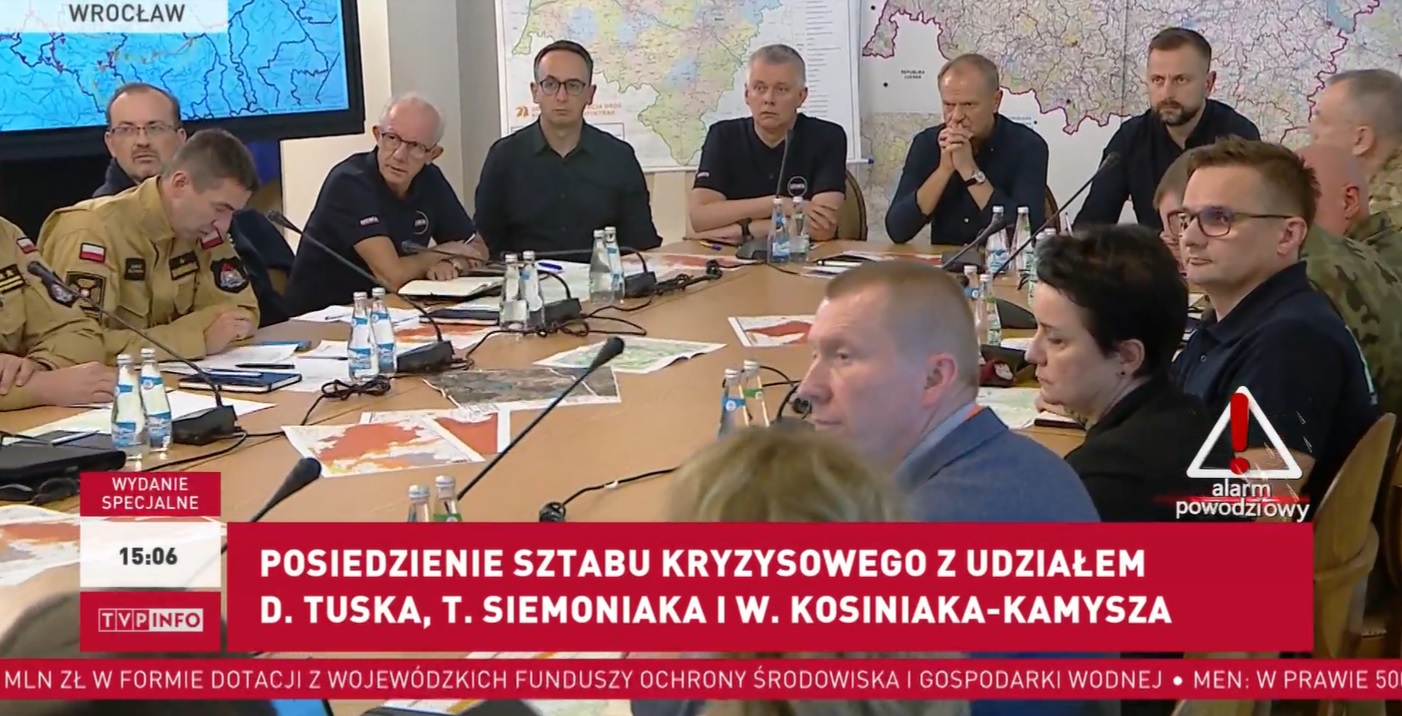 Prof. dr hab. Robert Czerniawski Dyrektor IMGW-PIB, dr inż. Paweł Przygrodzki, Dyrektor CHOK oraz dr Grzegorz Duniec, Dyrektor CMOK biorą udział w posiedzeniu sztabu kryzysowego we Wrocławiu