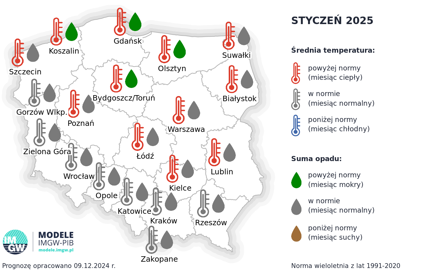 IMGW-PIB: Eksperymentalna prognoza długoterminowa temperatury i opadu na styczeń 2025 r. – kwiecień 2025 r.