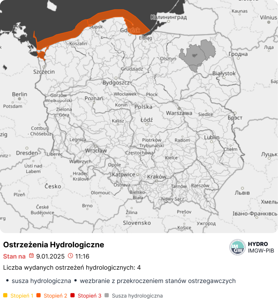 Ostrzeżenia hydrologiczne na dzień 09.01.2025 r.