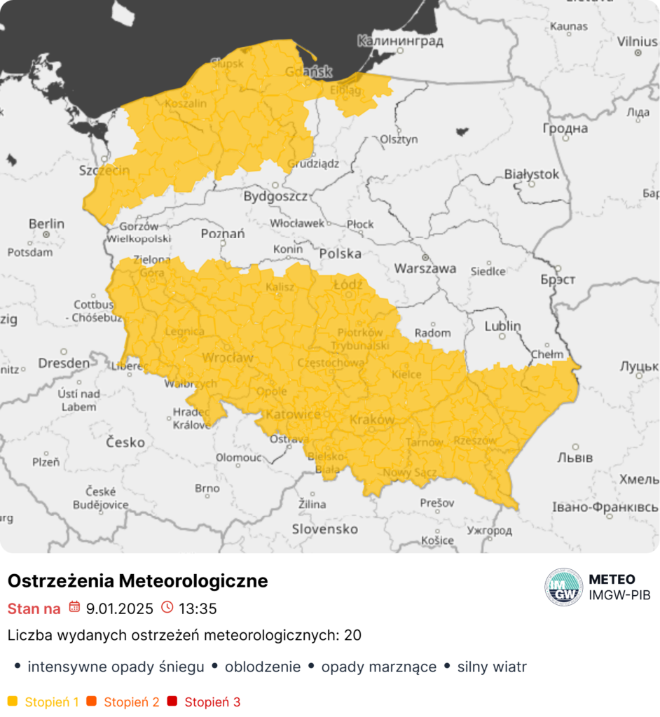 Ostrzeżenia meteorologiczne na dzień 09.01.2025 r.