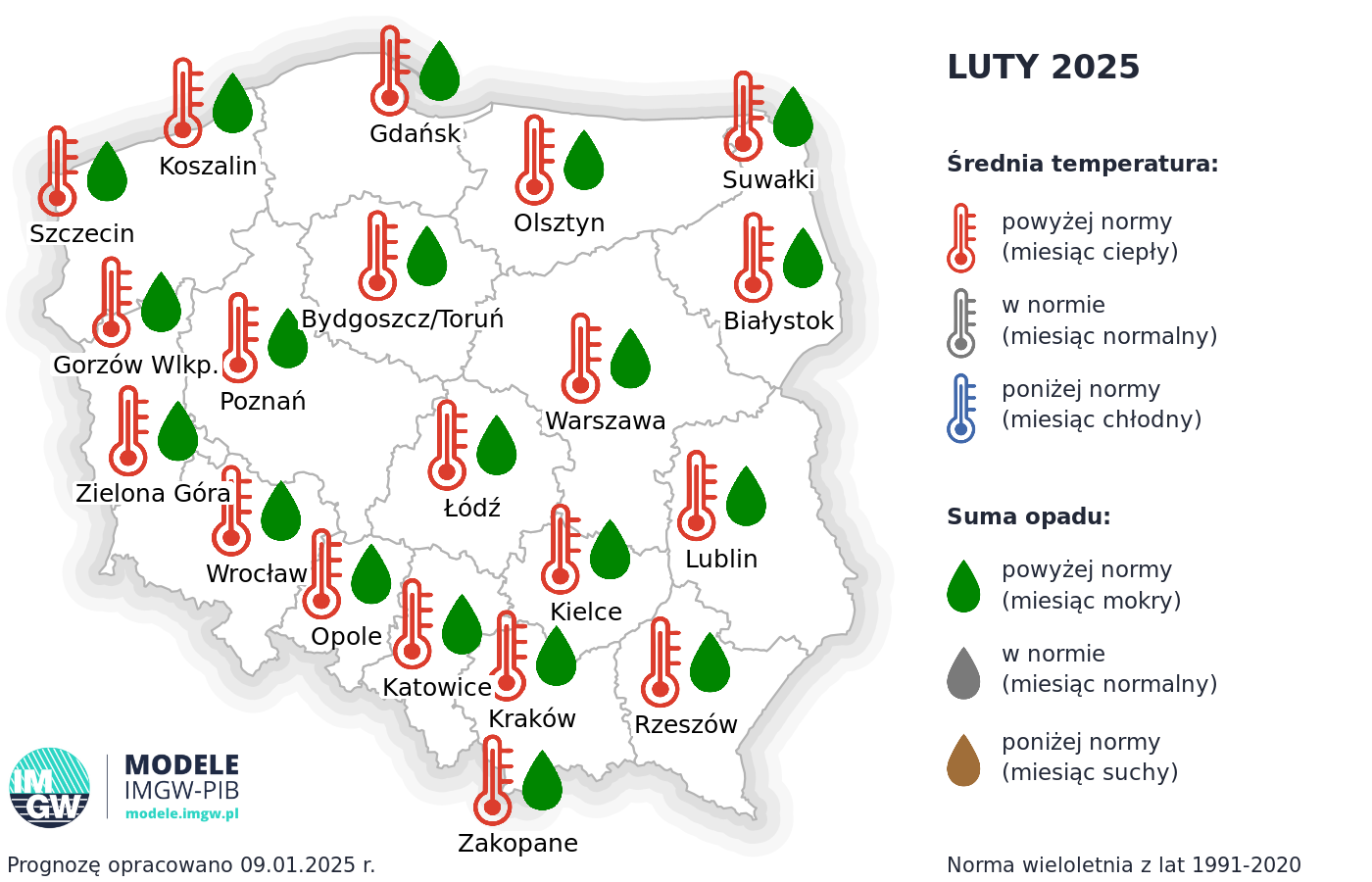 IMGW-PIB: Eksperymentalna prognoza długoterminowa temperatury i opadu na luty 2025 r. – maj 2025 r.