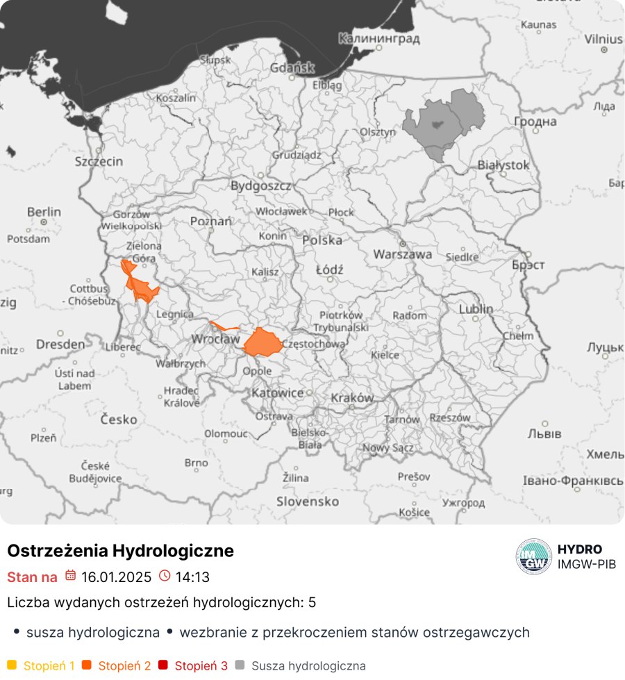 Ostrzeżenia hydrologiczne na dzień 16.01.2025 r.