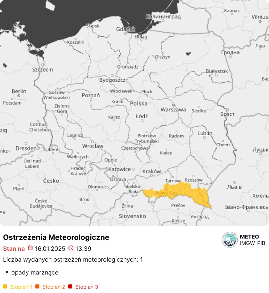 Ostrzeżenia meteorologiczne na dzień 16.01.2025 r.