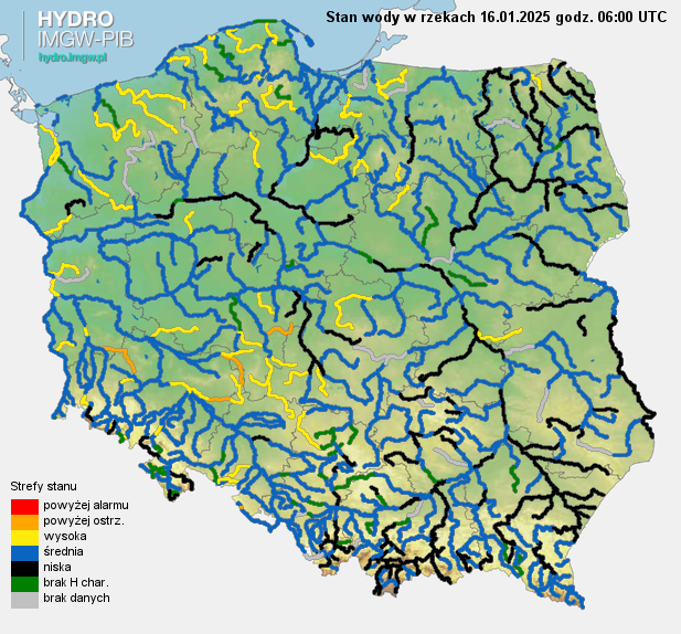 Stan wody na rzekach w Polsce, 16.01.2025 r., godz. 7:00.