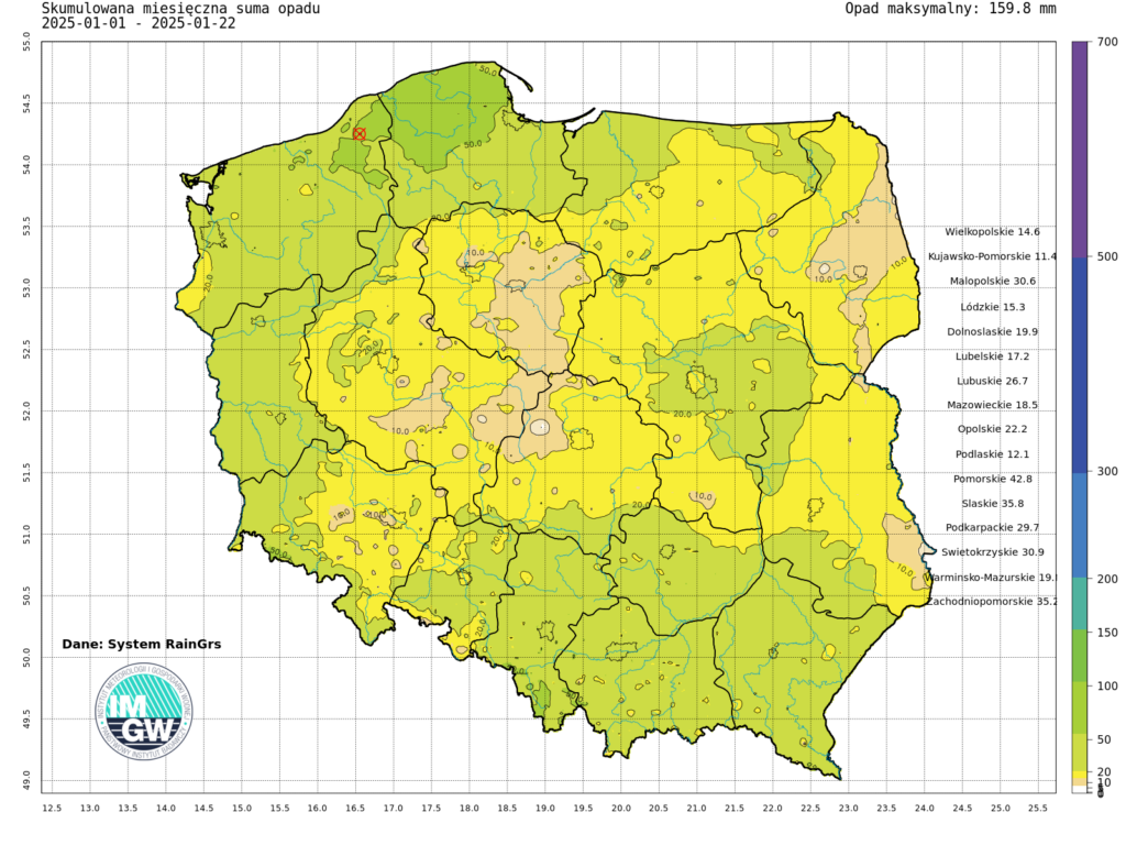 Suma skumulowanego opadu od początku stycznia 2025.