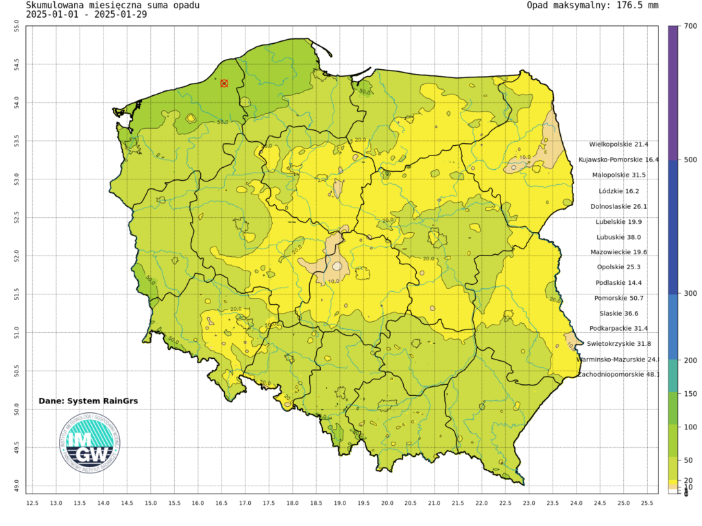 Suma skumulowanego opadu od początku stycznia 2025.